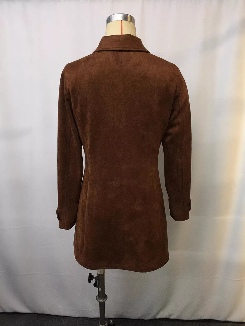 Brown suede coat on a mannequin against a white background