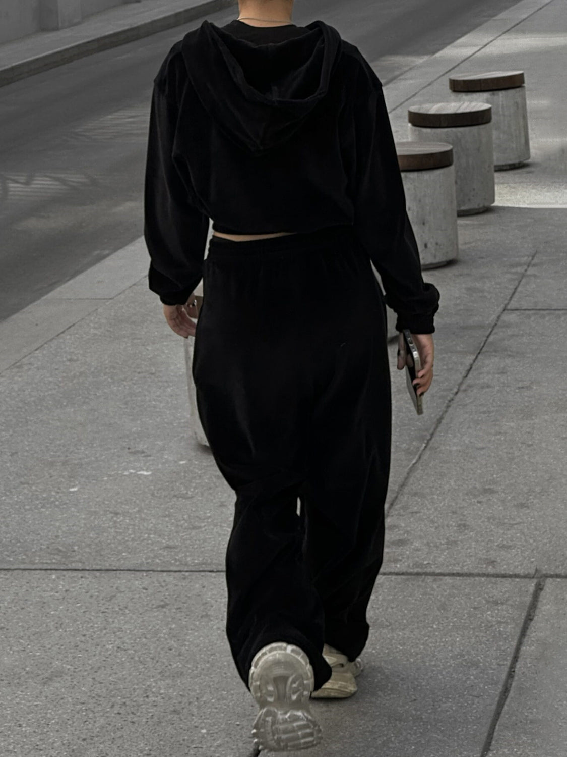 Back view of black Zip Up Hoodie and Pocketed Pants Set