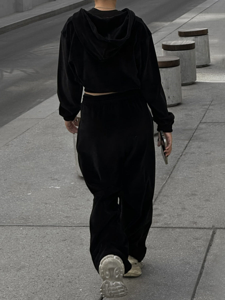 Back view of black Zip Up Hoodie and Pocketed Pants Set