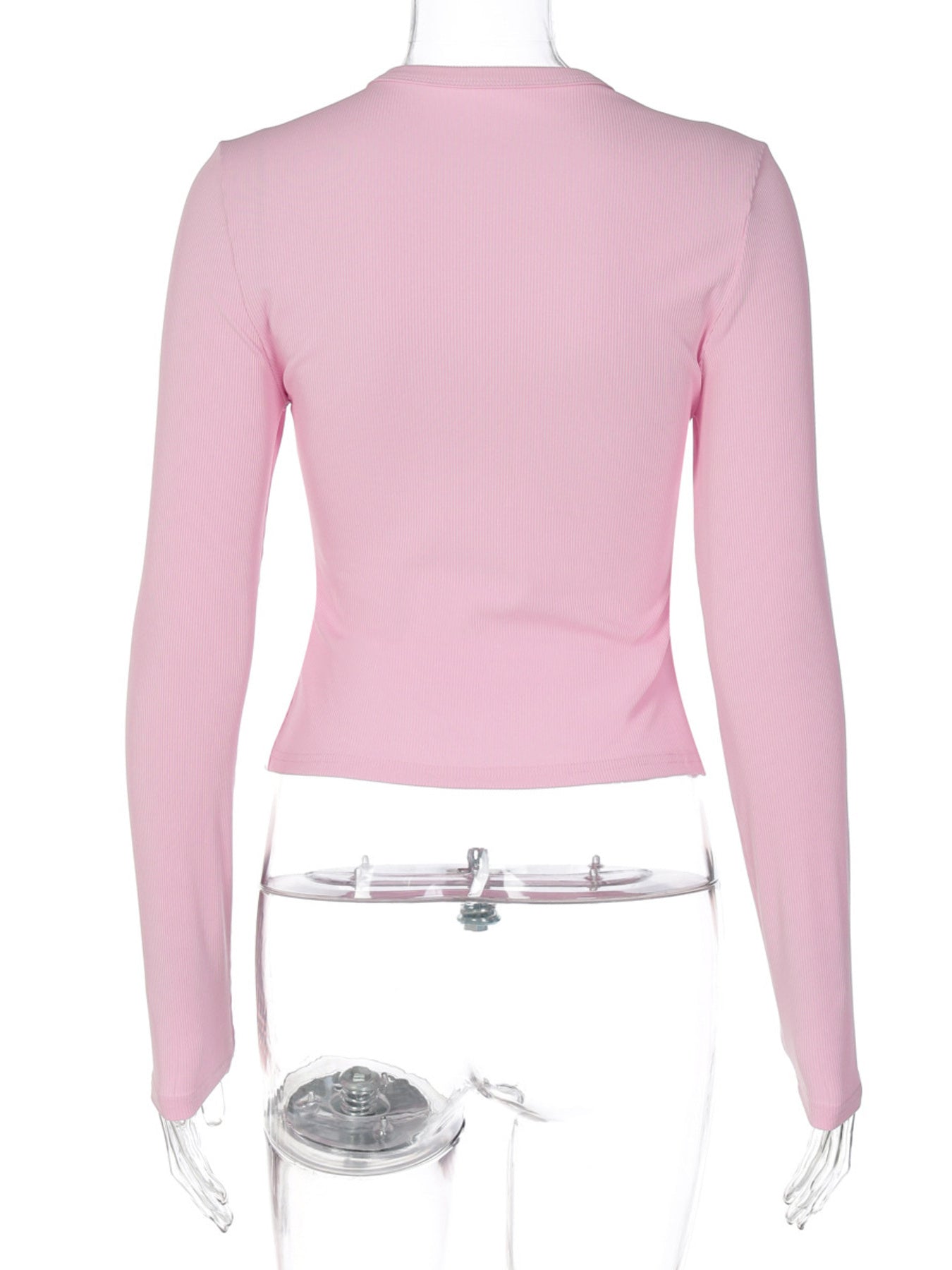 Pink long-sleeve top on a mannequin against a white background