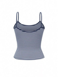 Navy and white striped tank top on a white background