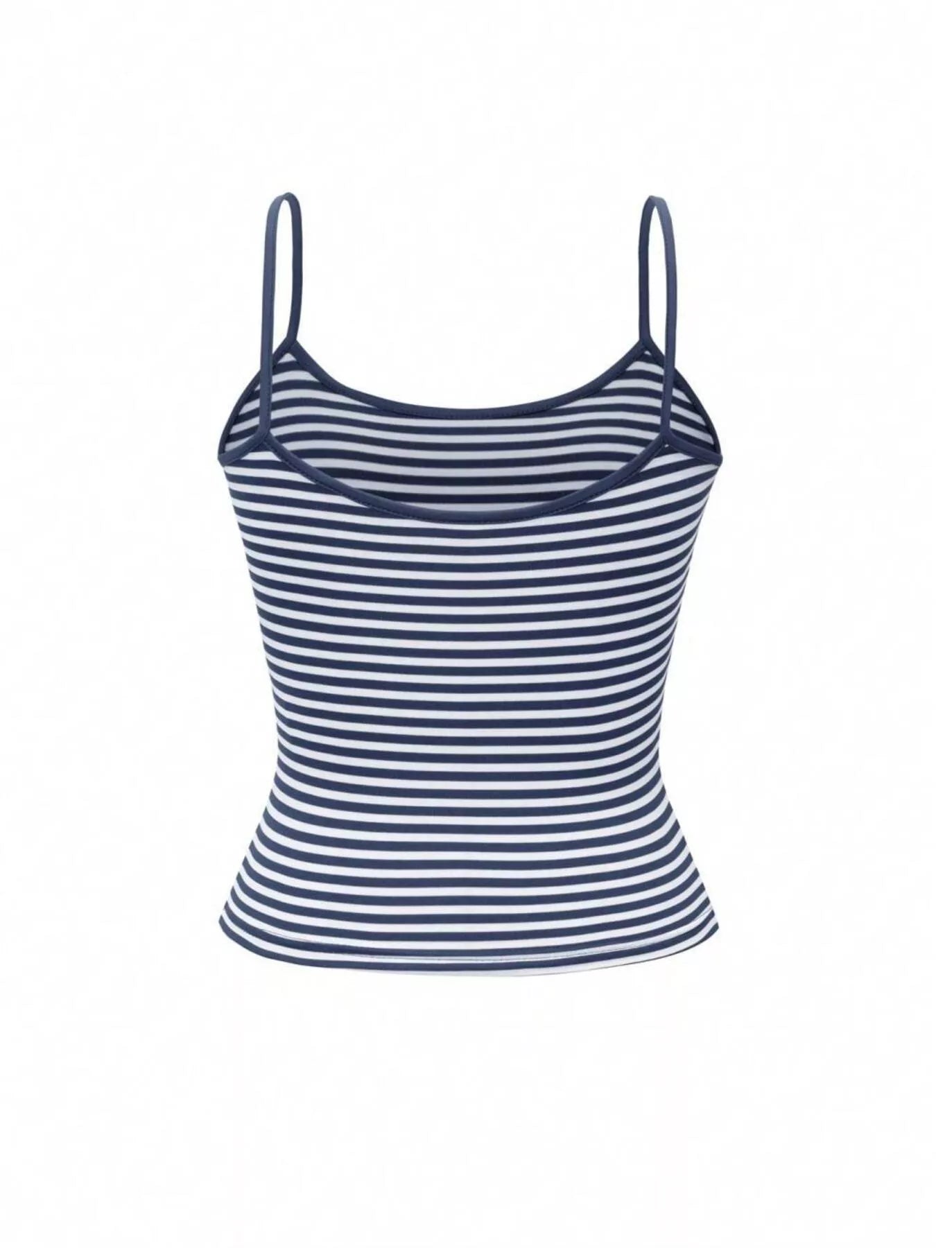 Navy and white striped tank top on a white background