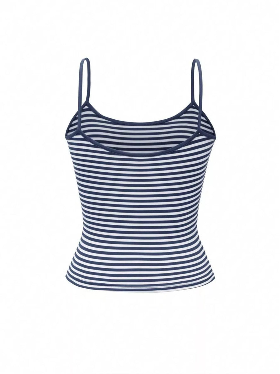 Navy and white striped tank top on a white background