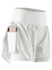 White athletic skirt with a pocket holding a phone on a white background
