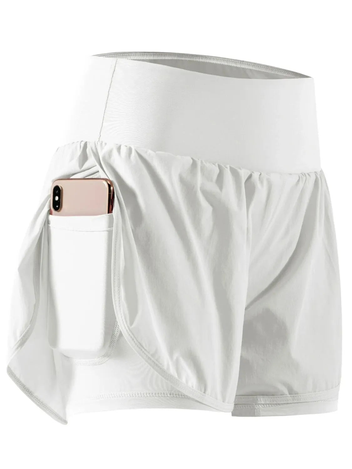 White athletic skirt with a pocket holding a phone on a white background