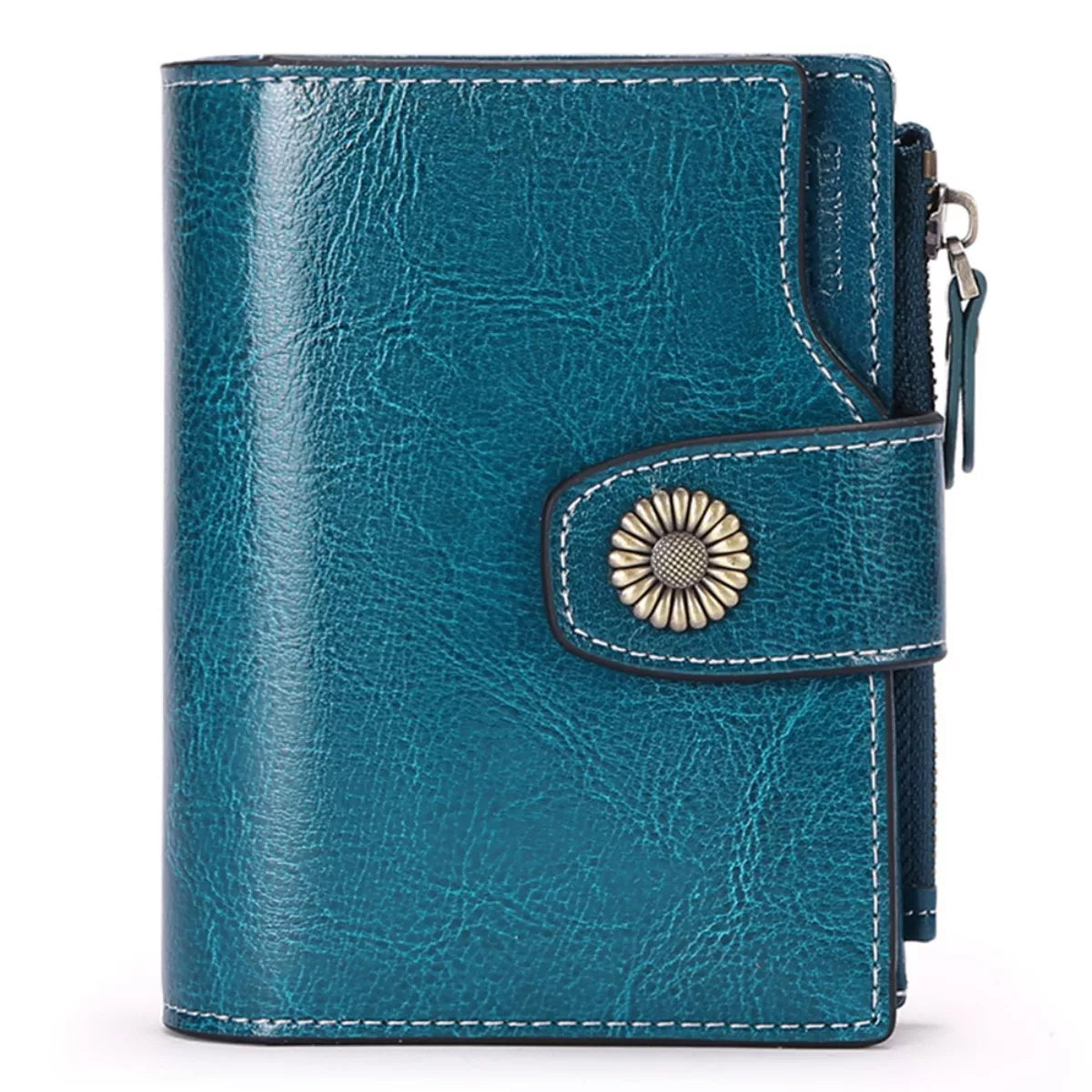 Blue leather wallet with a decorative button on a white background