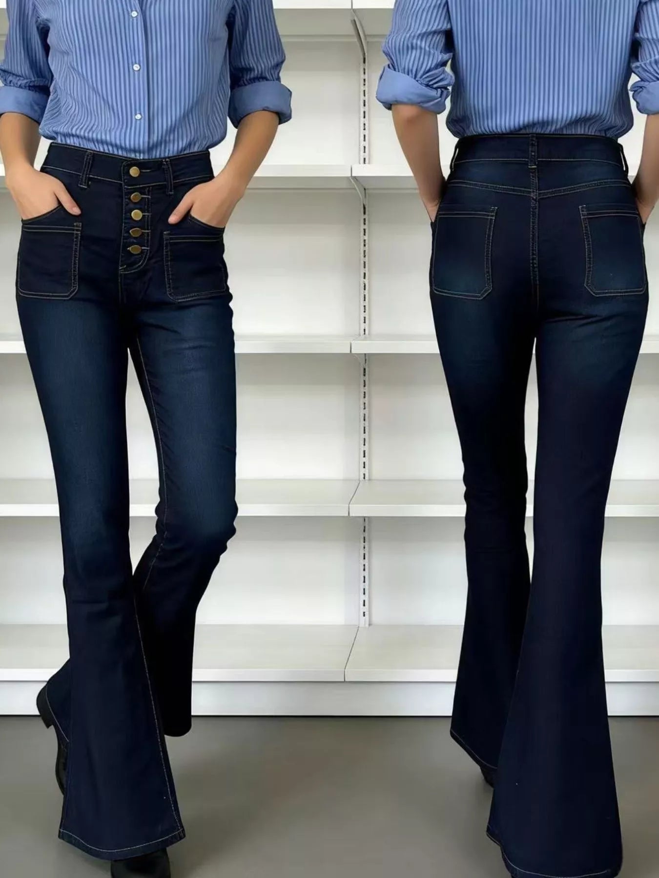 Two people wearing blue button-up shirts and dark blue bell-bottom jeans standing in front of a white shelving unit.
