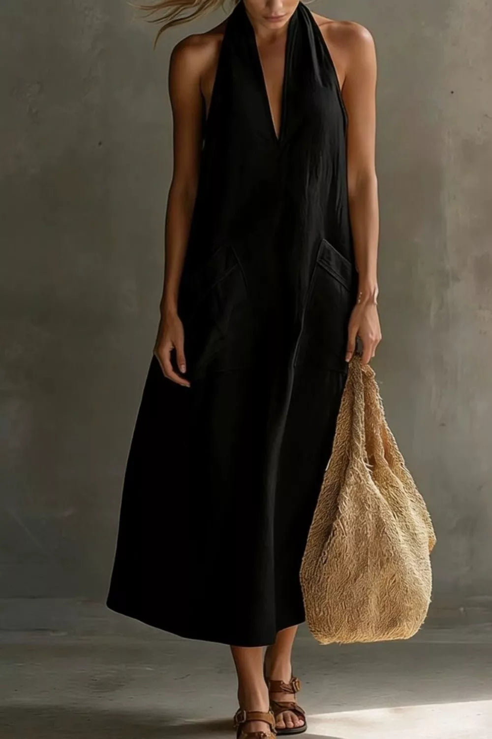 Woman in a black dress holding a beige woven bag against a neutral background