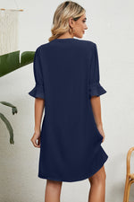 Back view of navy Notched Flounce Sleeve Mini Dress