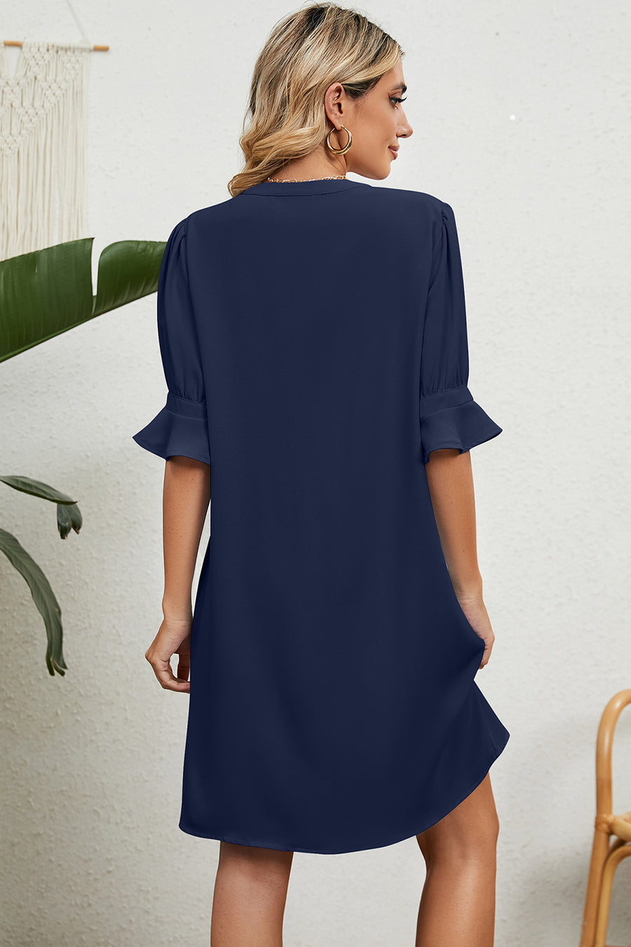 Back view of navy Notched Flounce Sleeve Mini Dress
