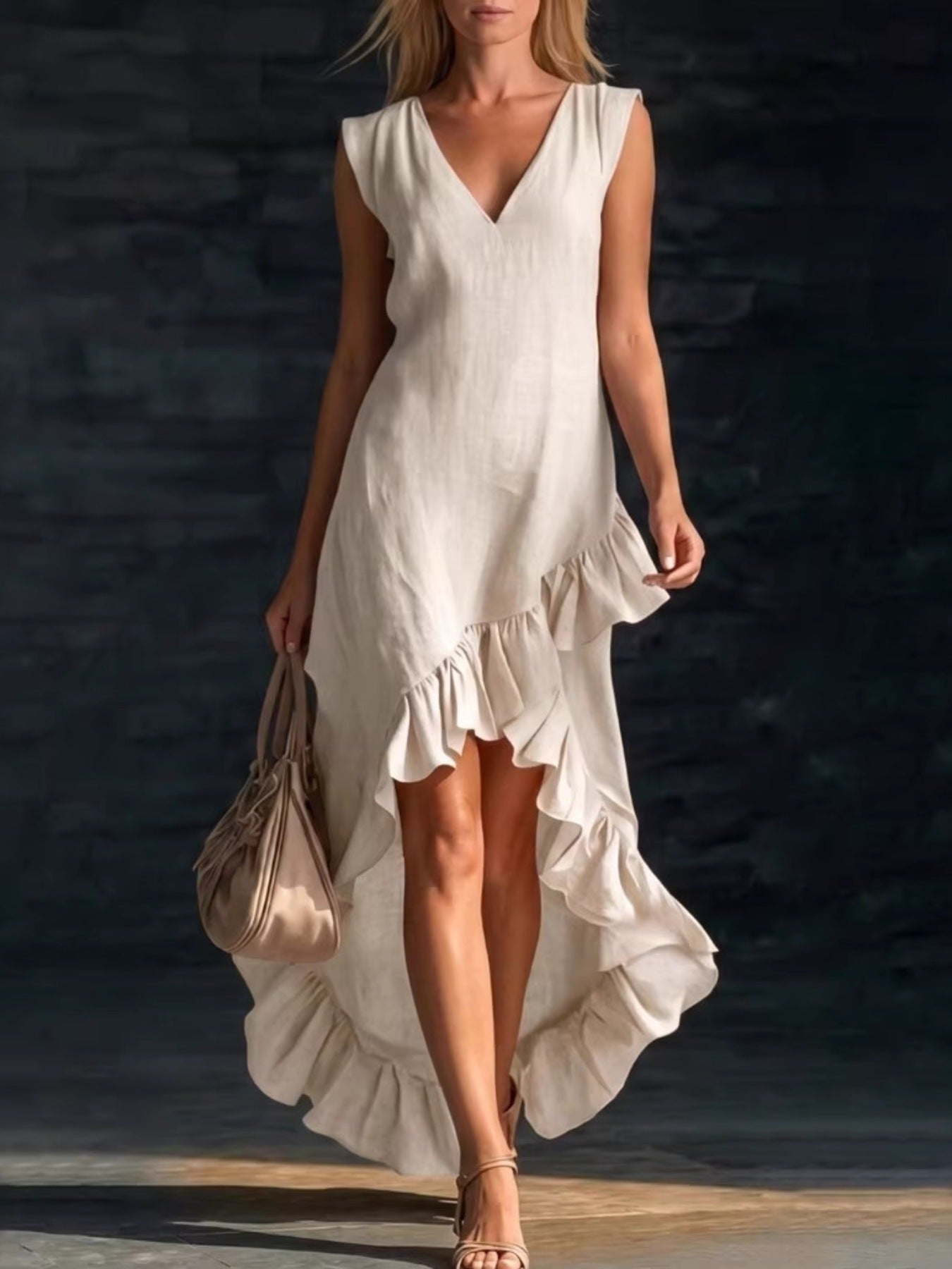 Woman wearing a white dress with ruffles against a dark background