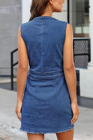 Back view of denim Full Size Button Up V-Neck Sleeveless Denim Dress