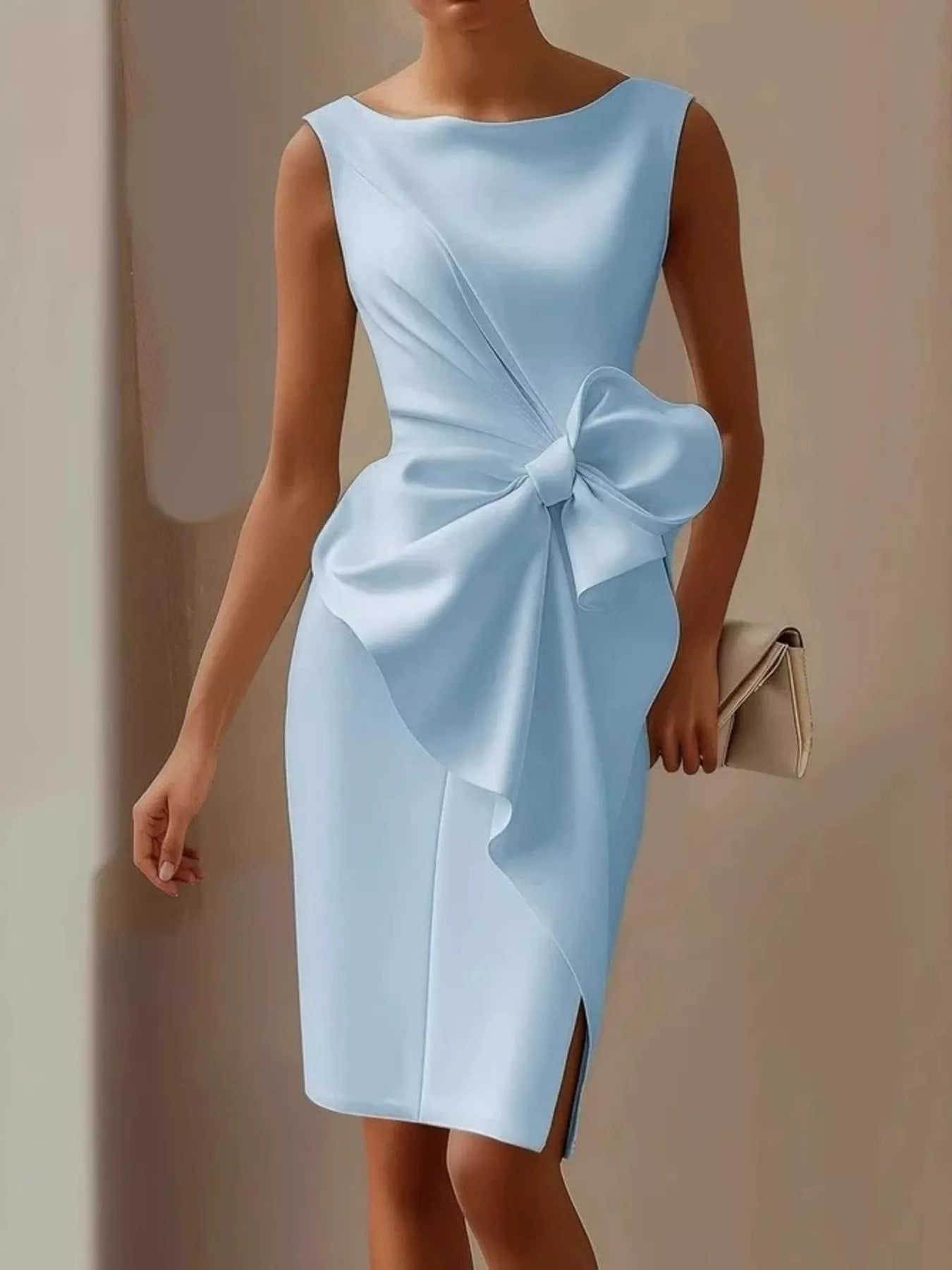 Light blue dress with a large bow detail on a plain background