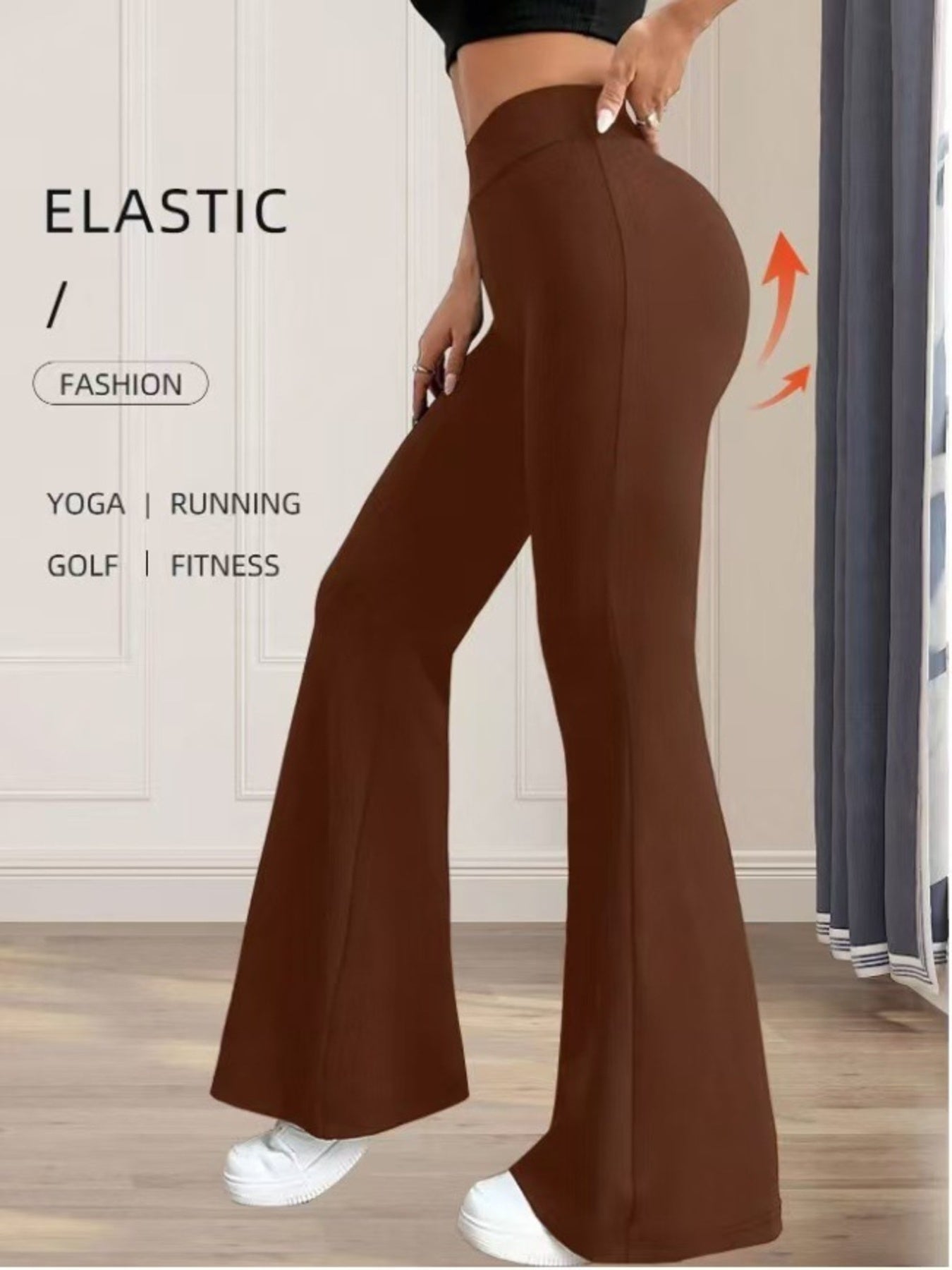 Brown flared pants being worn with text highlighting their use for yoga, running, golf, and fitness.