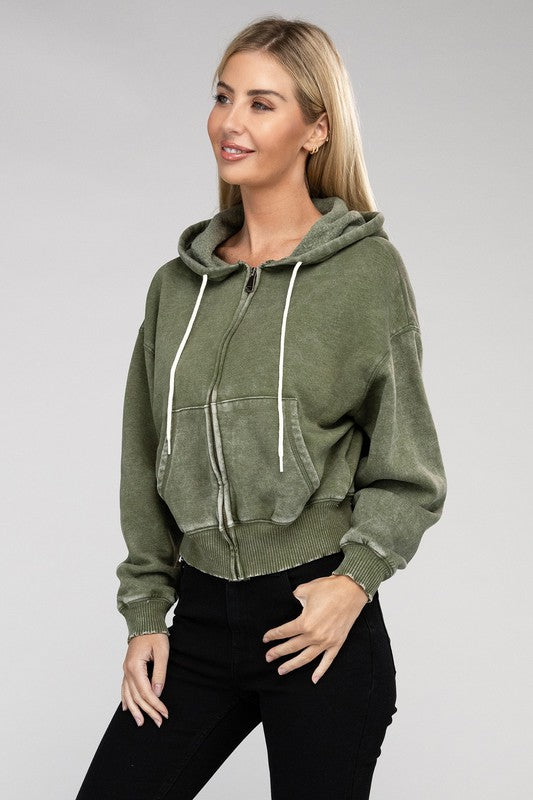 Recommended green Acid Wash Fleece Cropped Zip-Up Hoodie