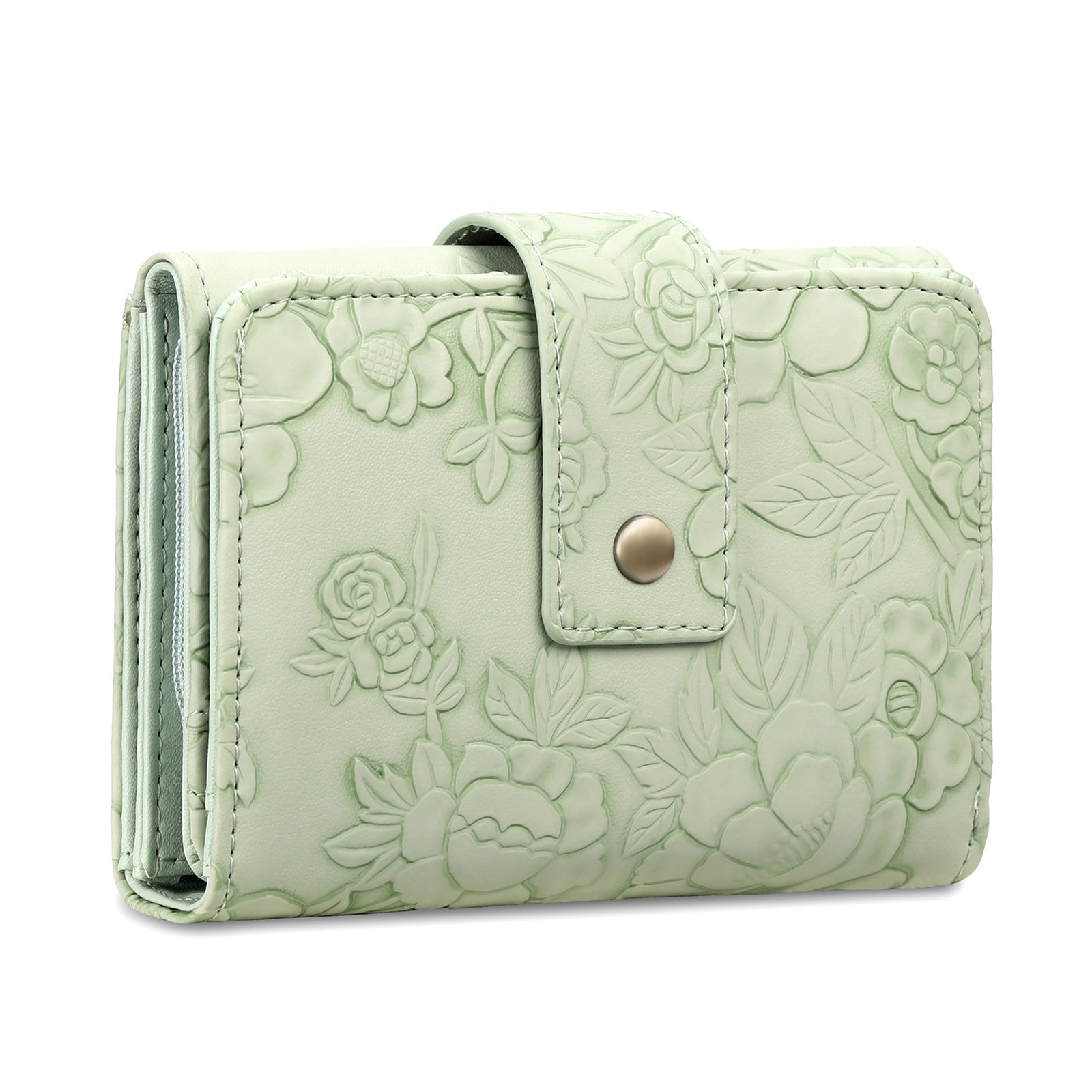 Light green wallet with floral embossing on a white background