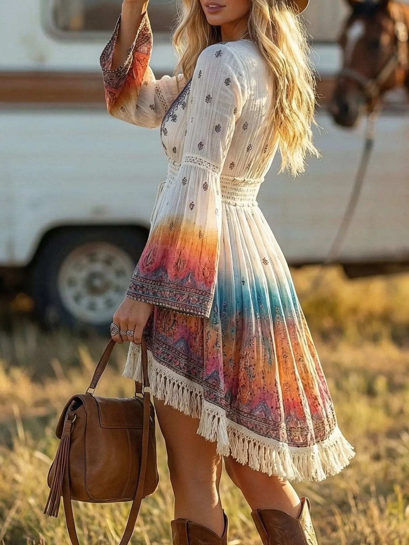 Woman in a colorful dress with fringe holding a brown bag in a field.