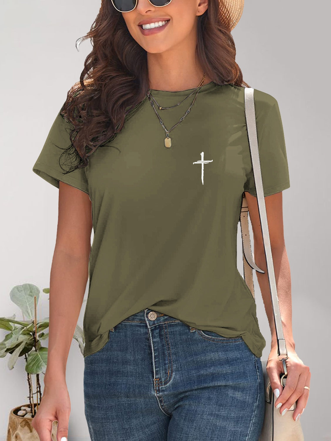 Front view of Cross Graphic Round Neck T-Shirt