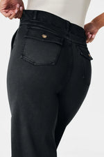 Black pants with a pocket detail on a white background