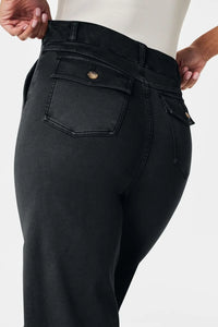 Black pants with a pocket detail on a white background