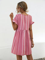 Woman showing the back of Striped Polka Dot Frill Short Sleeve Mini Dress 