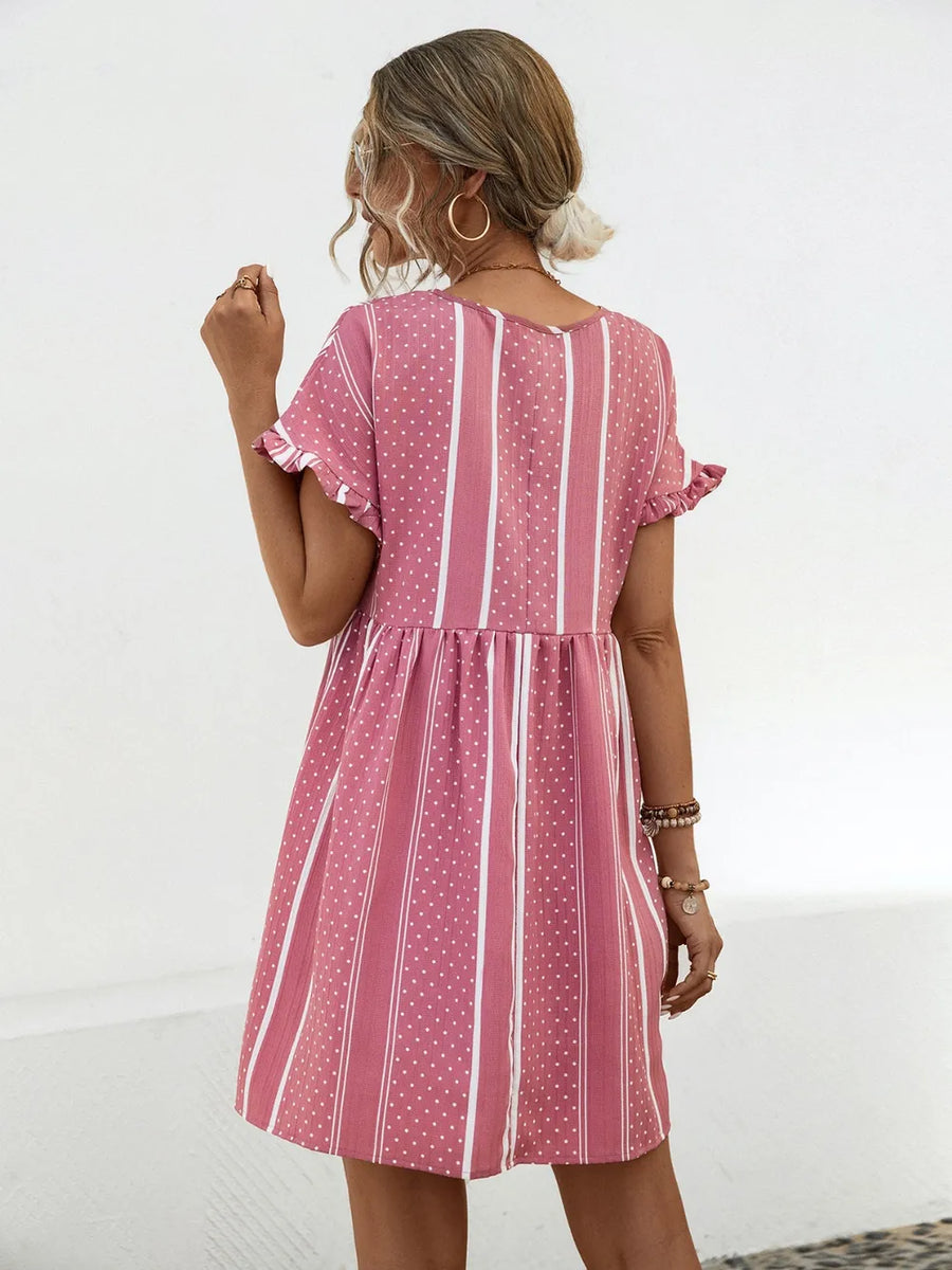 Woman showing the back of Striped Polka Dot Frill Short Sleeve Mini Dress 