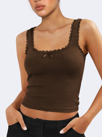 Brown ribbed tank top with lace trim worn by a model on a white background