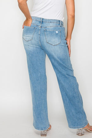 Model showing pocket on the back of bytos Full Size Distressed High Rise Straight Jeans