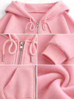 Pink zip-up hoodie shown in a four-panel detail collage, featuring the hood, front zipper with drawstrings, ribbed cuff, and soft fabric texture.