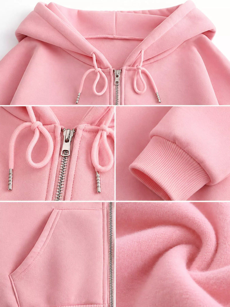 Pink zip-up hoodie shown in a four-panel detail collage, featuring the hood, front zipper with drawstrings, ribbed cuff, and soft fabric texture.