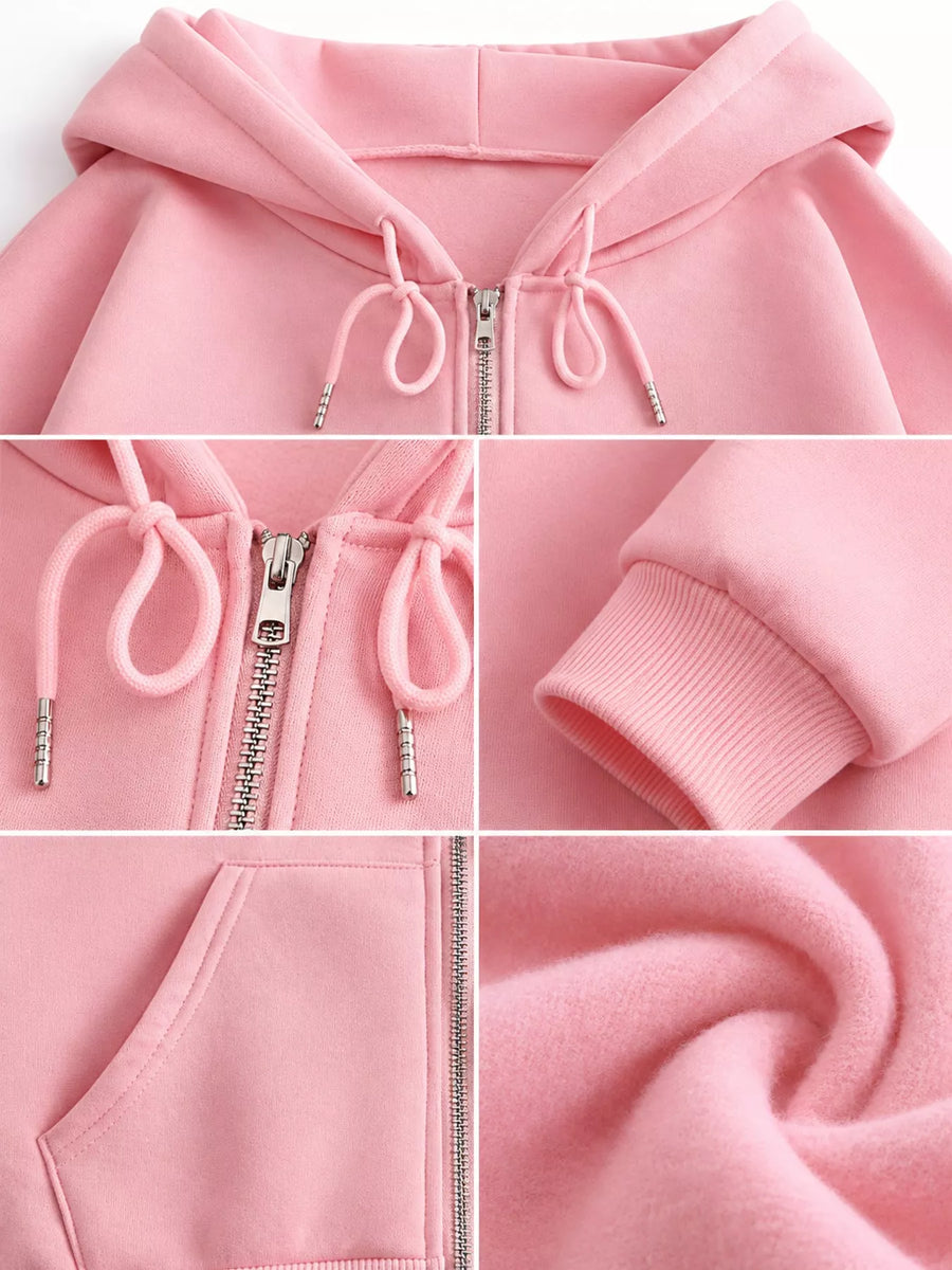 Pink zip-up hoodie shown in a four-panel detail collage, featuring the hood, front zipper with drawstrings, ribbed cuff, and soft fabric texture.