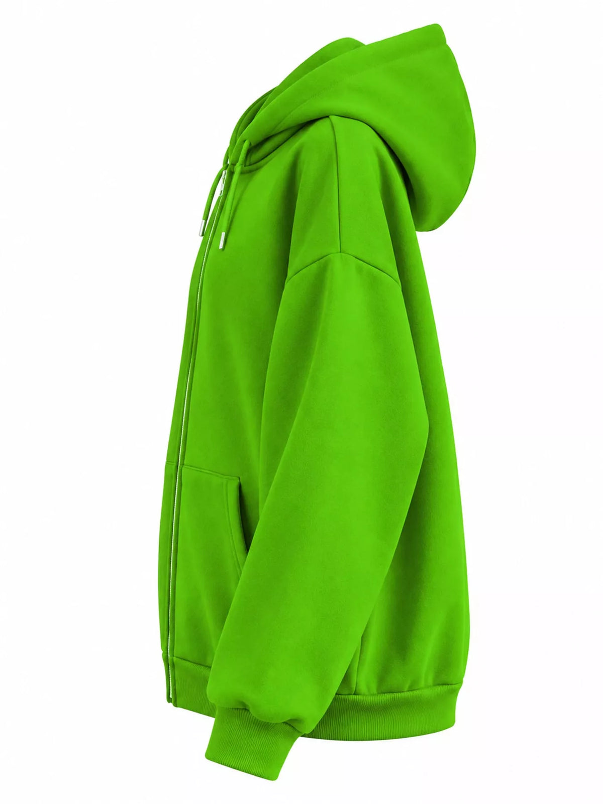 A bright lime green zip-up hoodie shown from a side profile view against a plain white background.