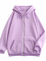 A light purple/lavender zip-up hoodie with a front zipper, drawstring hood, and kangaroo pockets, shown on a plain white background.