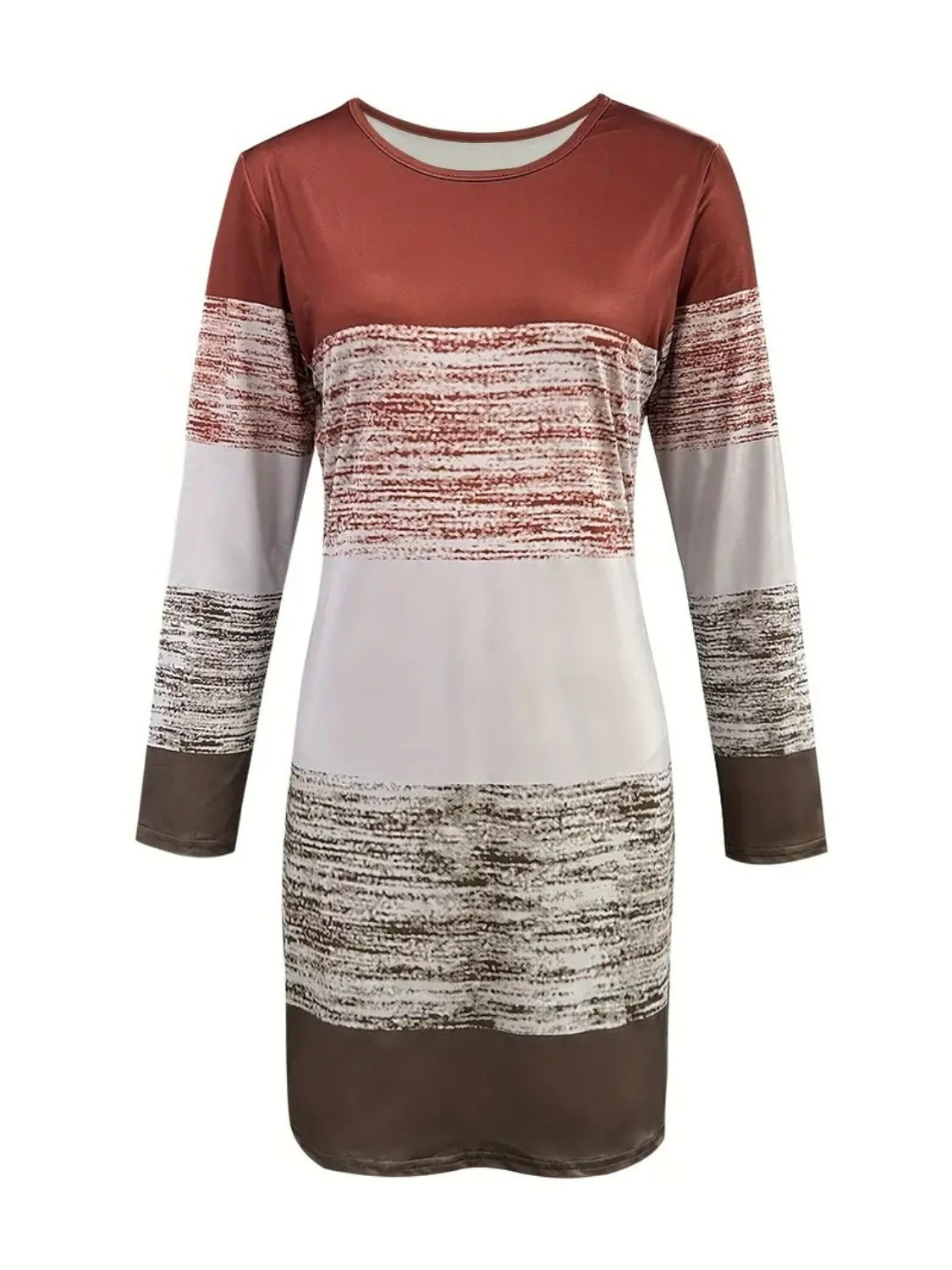 Front view of Color Block Round Neck Long Sleeve Dress