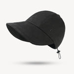 Black cap with a chin strap on a white background