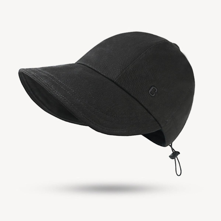 Black cap with a chin strap on a white background