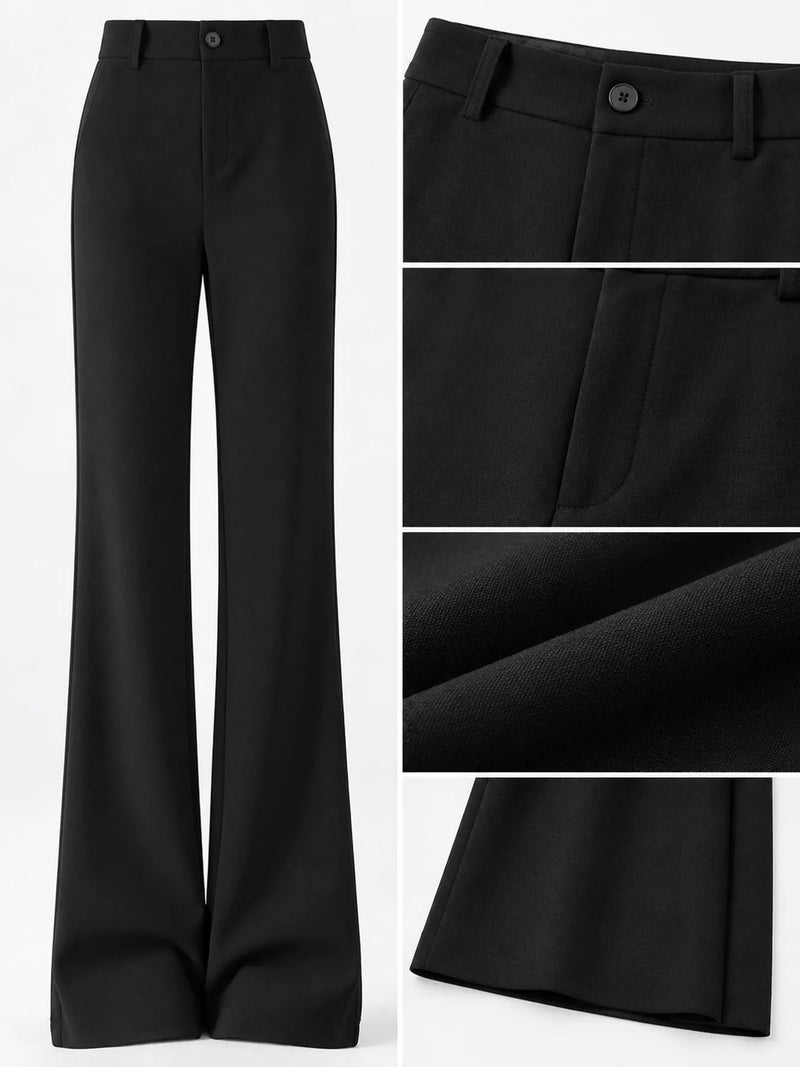 Black wide-leg trousers shown on a white background, with a main full-length view and four detail inset panels highlighting the waistband, front pocket, fabric texture, and hem.