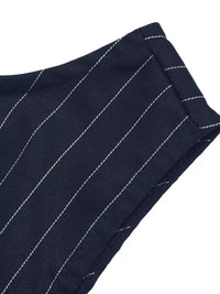 Close-up of navy blue fabric with white pinstripes on a white background