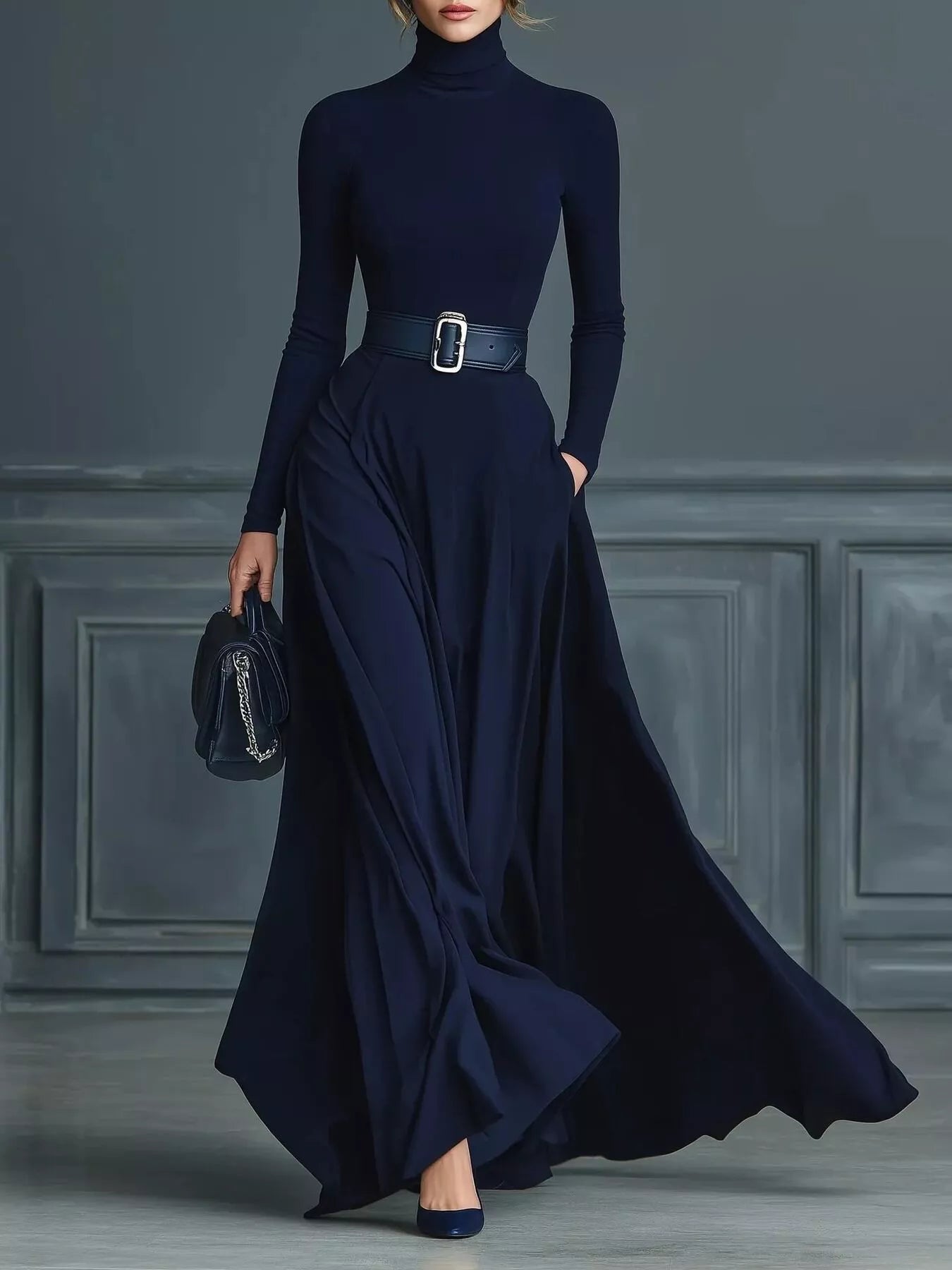 Woman wearing a long navy dress with a belt in a room with gray walls.