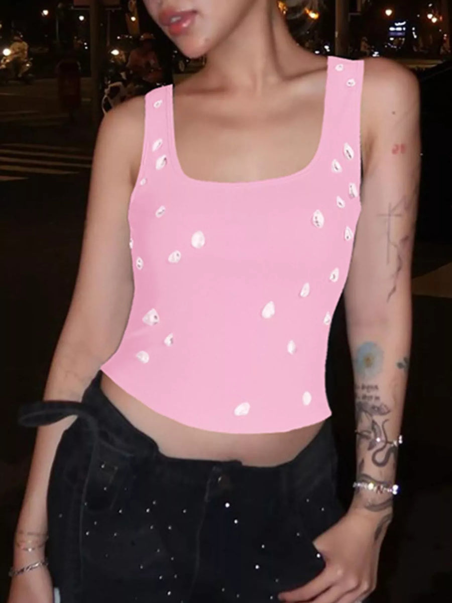 Full view of pink Women's Bead Embellished Square Neck Tank