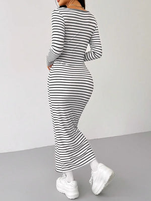 Back view of Striped Scoop Neck Long Sleeve Midi Tee Dress
