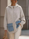 Contrast Denim Pockets Hooded Cardigan