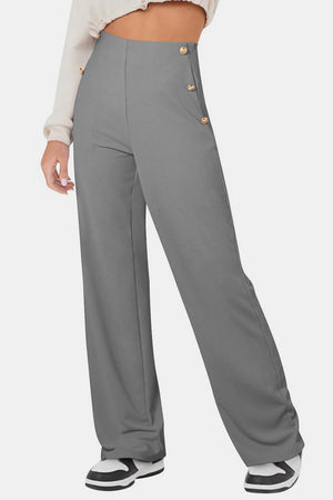 Front view of gray Decorative Button High Rise Pants