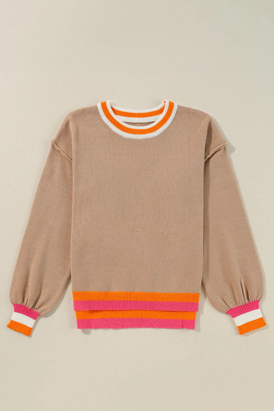 Full view of Contrast Round Neck Long Sleeve Sweater