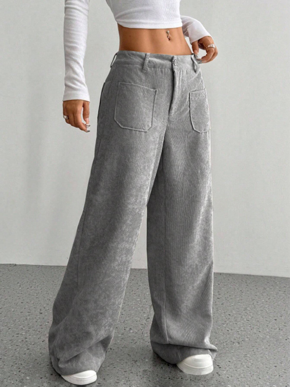 Gray Wide Leg Pants with Pockets