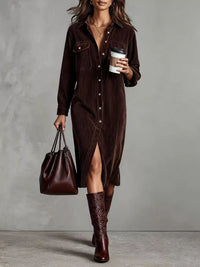 Woman wearing a brown dress and boots, holding a coffee cup and bag.