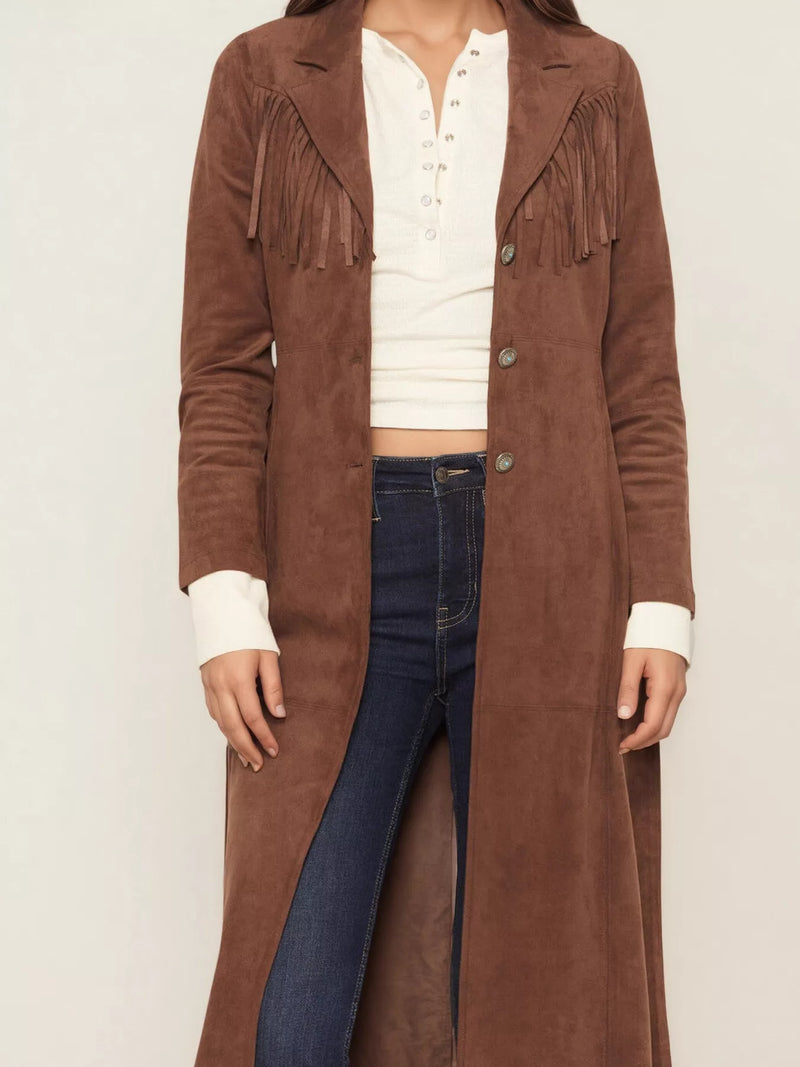 Brown suede coat with fringe details on a plain background