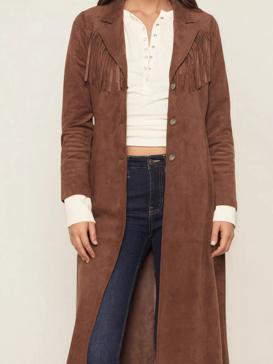 Brown suede coat with fringe details on a plain background