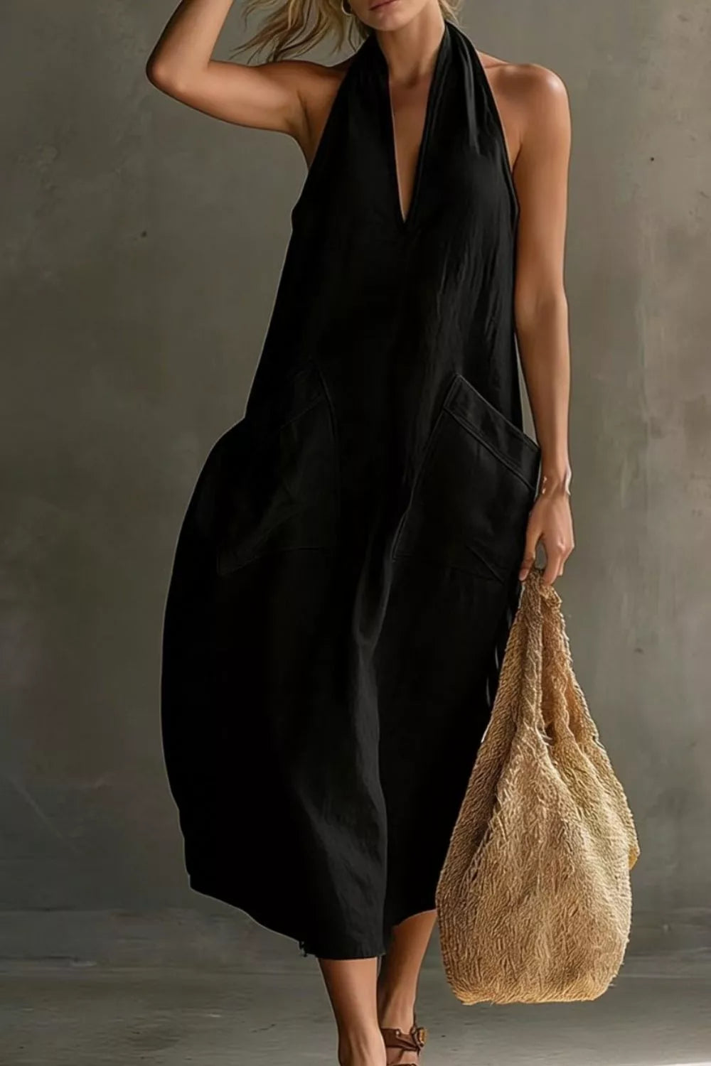 Woman in a black dress holding a beige bag against a gray background