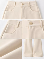 A five-panel close-up collage of a pair of light cream or off-white tailored pants, showing the front waistband with a button closure, side pocket detail, fabric texture, and the full lower leg view.